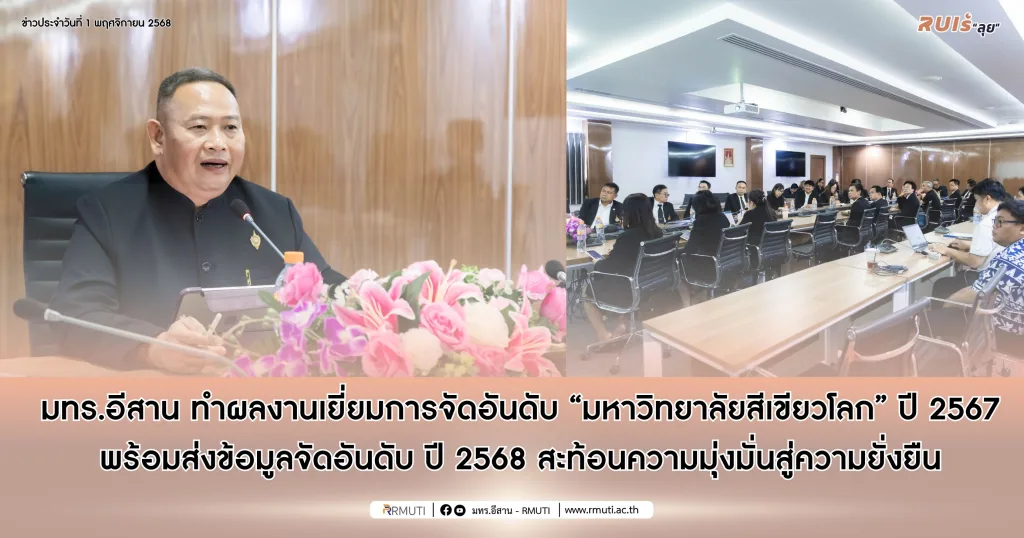 มทร.อีสาน ทำผลงานเยี่ยมการจัดอันดับ “มหาวิทยาลัยสีเขียวโลก” ปี 2567 พร้อมส่งข้อมูลจัดอันดับ ปี 2568 สะท้อนความมุ่งมั่นสู่ความยั่งยืน